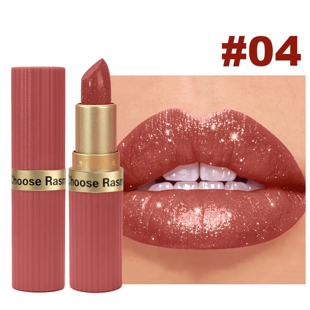 Pearlescent Pink Glitter Velvet Lipstick Metallic Waterproof Long Lasting Matte Shimmer Diamond Lipstick Women Makeup Cosmeti