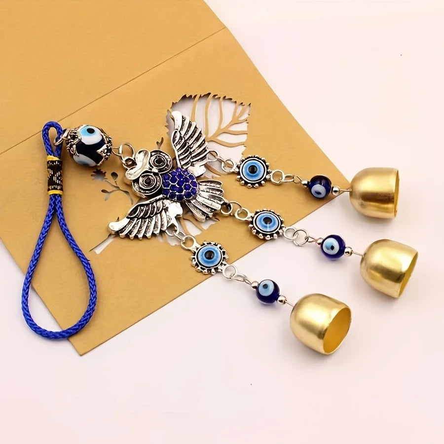 1pc blue eye spread wing owl bell wind chime for outdoor courtyard corridor window lattice wall car decoration birthday gift