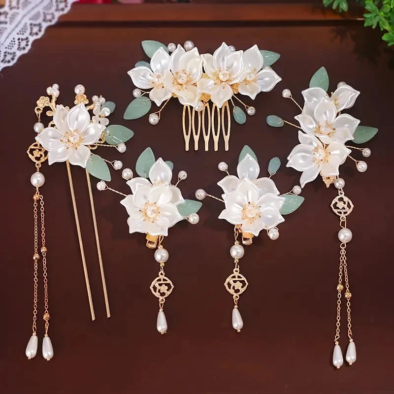 5-piece set featuring vintage floral and tassel designs, handmade Hanfu hair accessories, elegant classical style artificial 