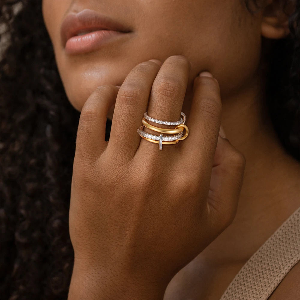 Luxury Cubic Zirconia Gold Plating Multilayer Connecting Rings for Women Fashion Mixed Color Stackable Finger Ring Party Jewe