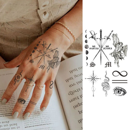 Assorted pattern herbal hand tattoo stickers bat letter venomous snake sun polar star sword eyes vintage style temporary tatt