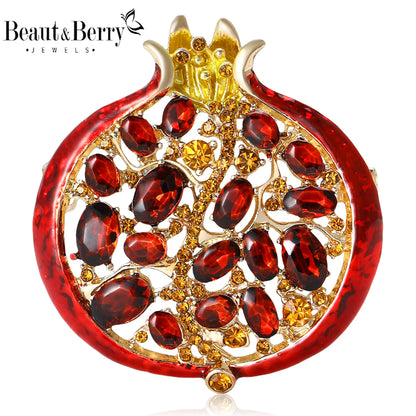 Beaut&Berry Luxury Rhinestone Pomegranate Brooches for Women Enamel Fruit Plant Pins Casual Party Accessories New Gifts Frien