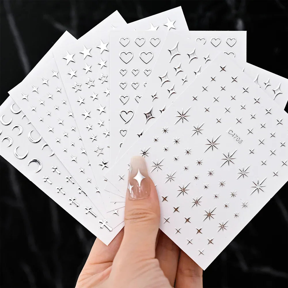6 Sheets Metal Silver Nail Stickers Metallic 3D Star Nail Art Stickers Decals Self-Adhesive Nail Art Stickers Metal Chain Hea