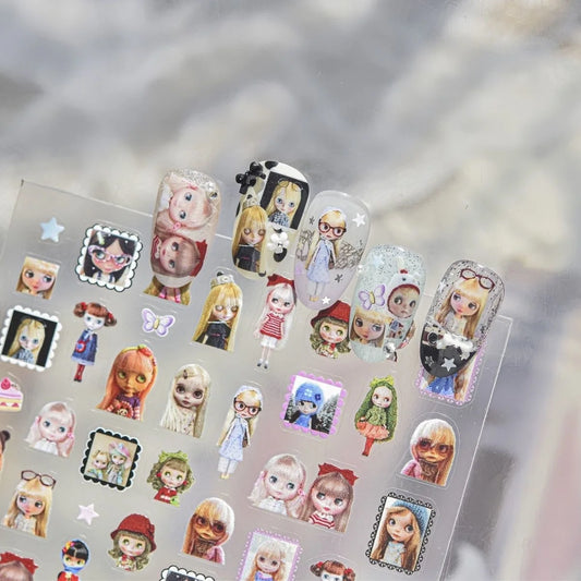 Sweet Cool Y2K Vintage Nostalgic Rag Doll Cartoon Nail Stickers, Retro Doll Nails Art Decals for Manicure Decor