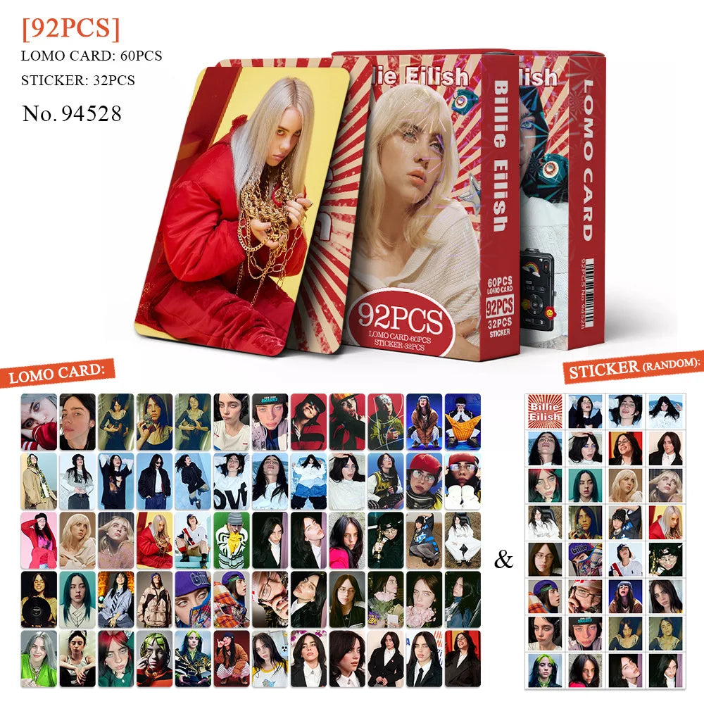 92Pcs European and American Billie Eilish style Mini Celebrity Photo Cards, Fan Collectible Cards, Postcards, LOMO Cards