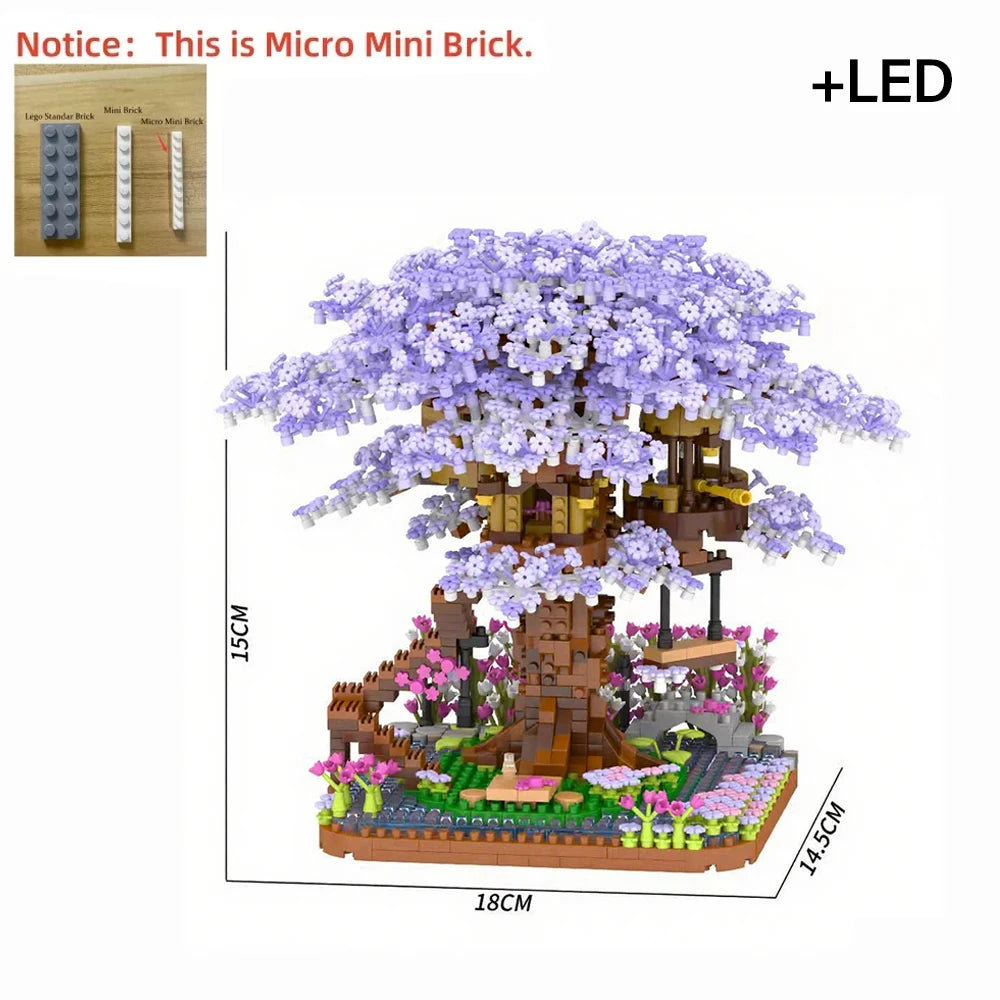 Sakura Tree Micro Blocks with LED Lights - Cherry Blossom Treehouse Model, 3D Romantic Night Glow Decor, Thoughtful Gift for 