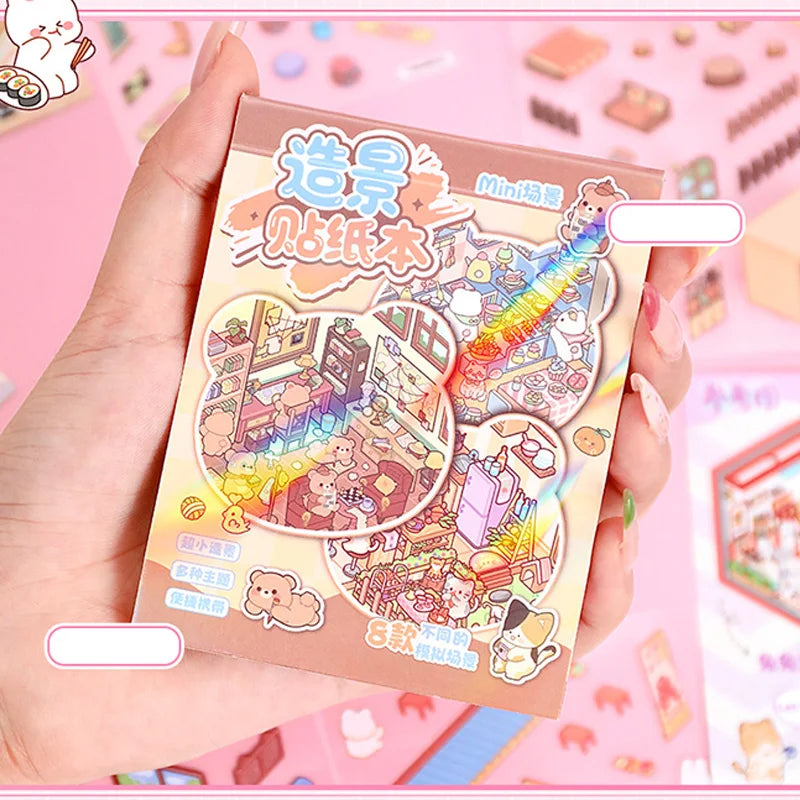 21-Piece Cartoon Miniature Scene Sticker Book - Mini 3D Cottage Journal Materials, DIY Creative Handmade Collage Decals