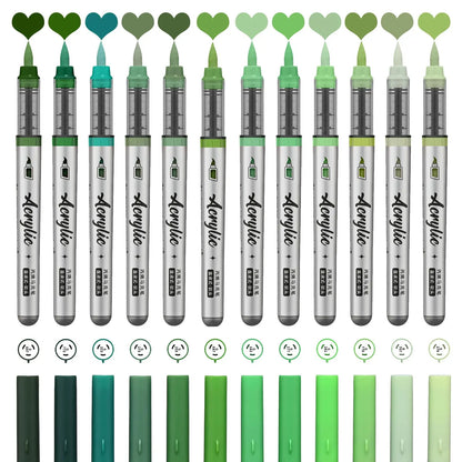 Acrylic Paint Markers ,12 pcs Brush Tip Acrylic Paint Pens Set with 9 Professional Color Series for DIY & Art Supplies - Gree