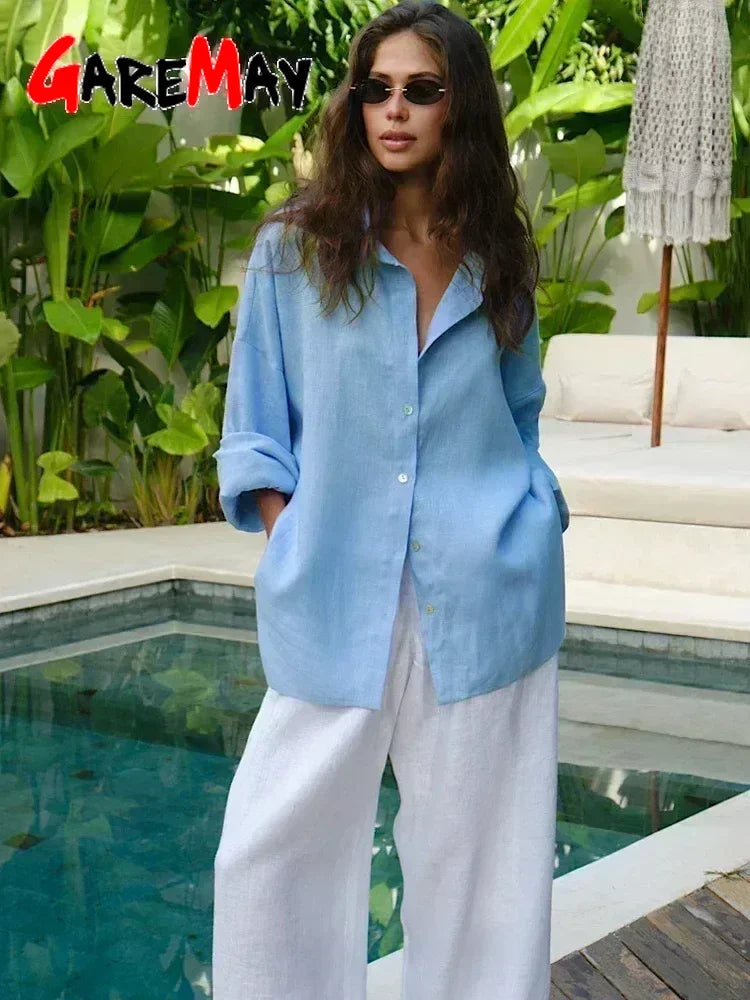 White Women's Linen Shirt Long Sleeve Elegant Pink Oversize Blouse Vintage Spring Basic Top Collar Cotton Linen Shirt for Wom