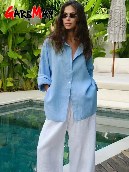 White Women's Linen Shirt Long Sleeve Elegant Pink Oversize Blouse Vintage Spring Basic Top Collar Cotton Linen Shirt for Wom