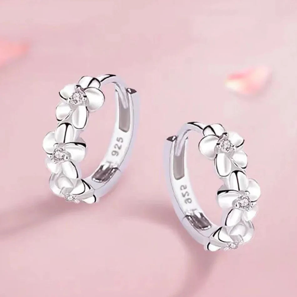 925 Sterling Silver Needle Earrings for Women's Wedding Fashion Jewelry Crystal Zircon Flower Cute Stud