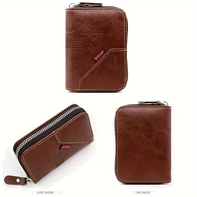 ​​Vintage PU Leather Slim Wallet - Zipper RFID Blocking 11-Slot Card Holder, Retro Style Gift for Men & Women, Classic Design