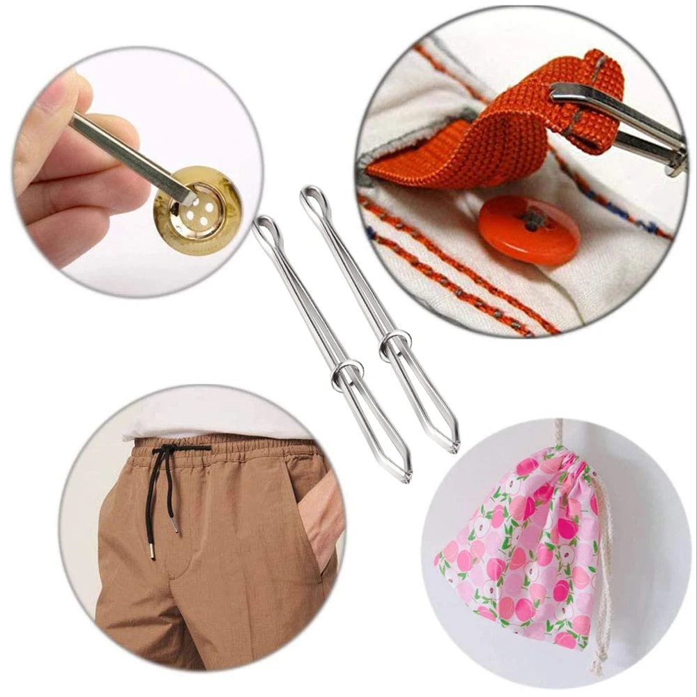 2 PCS/Lot Stainless Steel Garment Clips DIY Sewing Tools Elastic Band Tape Punch Cross Stitch Threader Wear Elastic Clamp