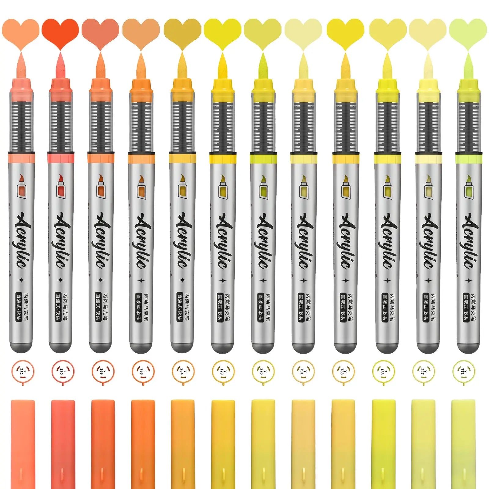 Acrylic Paint Markers ,12 pcs Brush Tip Acrylic Paint Pens Set with 9 Professional Color Series for DIY & Art Supplies - Yell