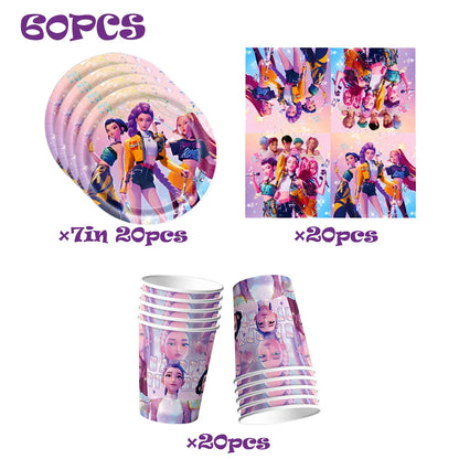 K-Pop Theme Disposable Tableware Set for Kids Birthday Baby Shower Party - Paper Plates Cups And Tablecloth with Birthday Ban
