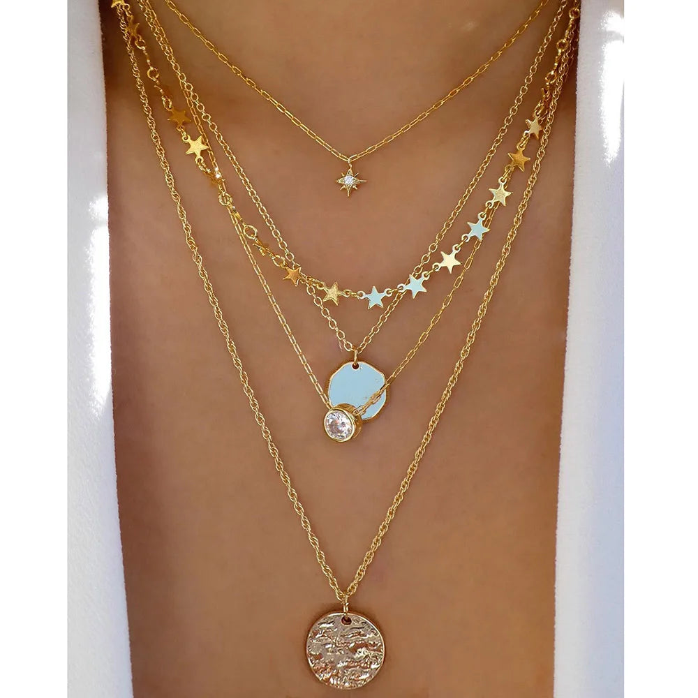 Vintage Gold Color Multiple Styles Necklace For Women Trendy Multi-Layer Disc Pendant Necklaces New Tendyaces Set Jewelry Gif