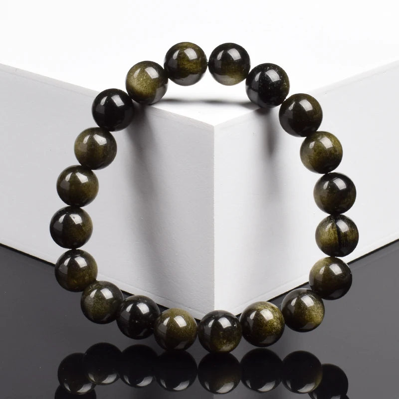 Natural Golden Obsidian Stone Beads Bracelet Men Women Golden Light Rainbow Obsidian Raw Stone Round Bead Natural Energy Jewe