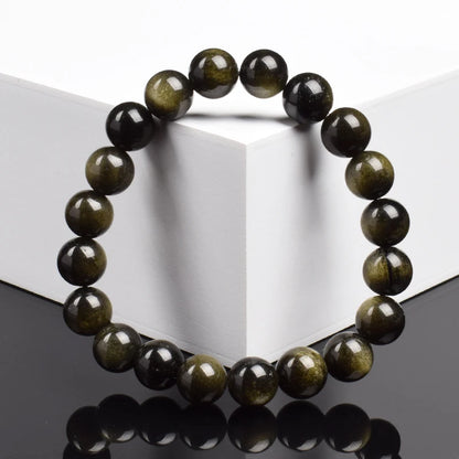 Natural Golden Obsidian Stone Beads Bracelet Men Women Golden Light Rainbow Obsidian Raw Stone Round Bead Natural Energy Jewe