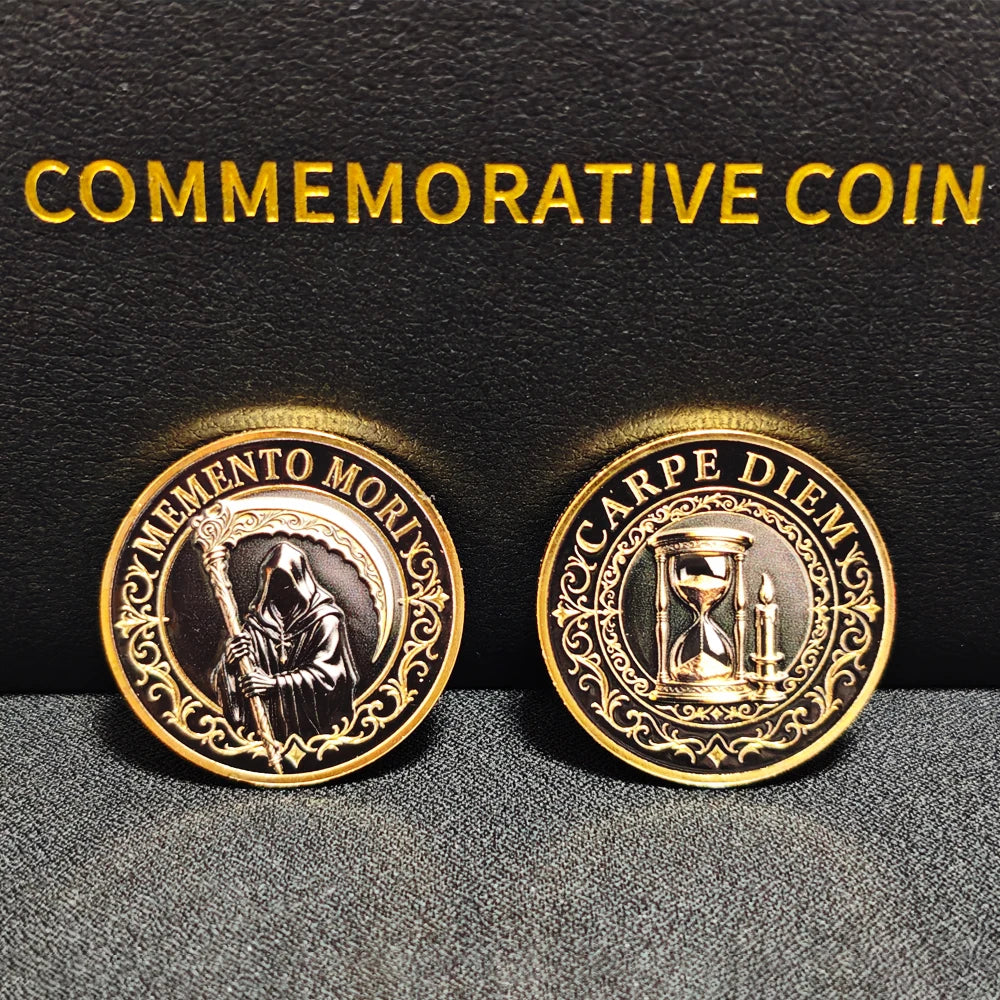 Vintage Memento Mori Grim Reaper Double Sided Medal Hourglass Collectible Badge Gold UV Protective Enamel Pocket Decor