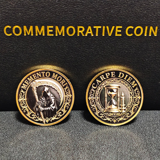 Vintage Memento Mori Grim Reaper Double Sided Medal Hourglass Collectible Badge Gold UV Protective Enamel Pocket Decor