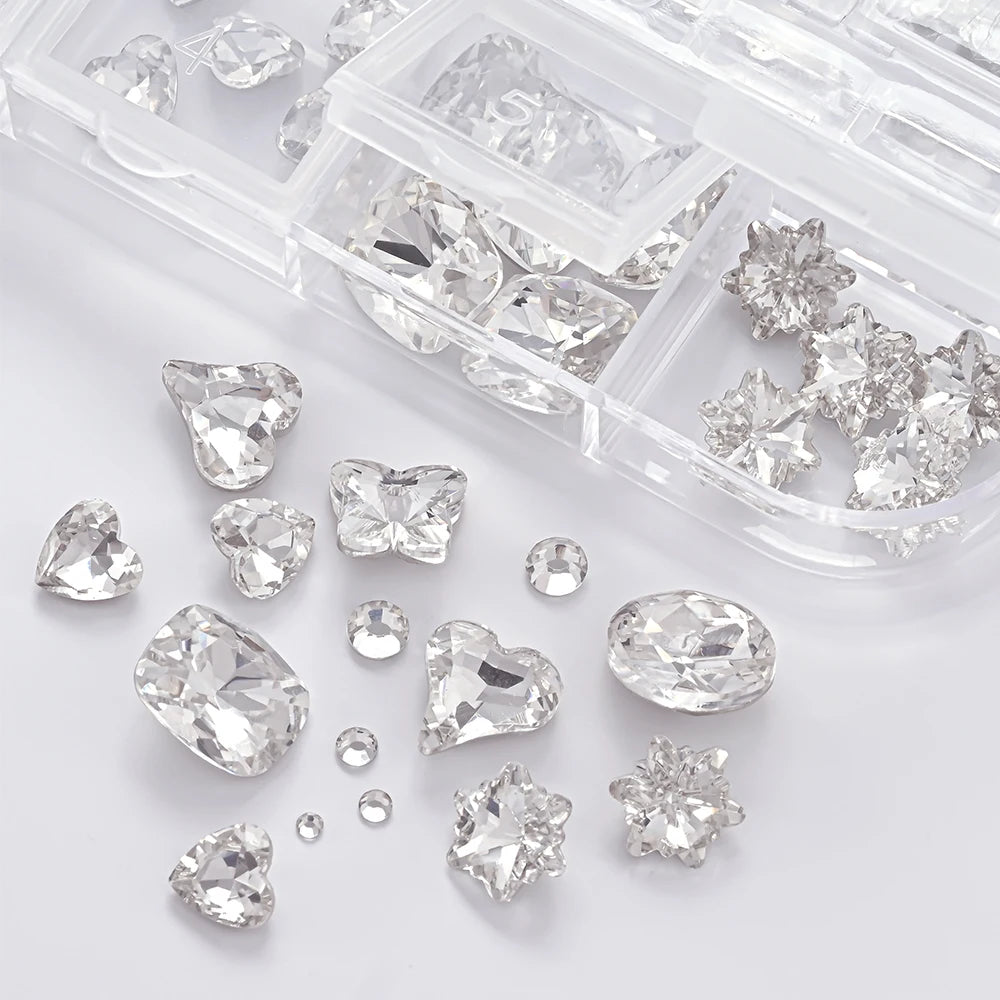 1Box 3D Clear Nail Art Rhinestones 12Shapes Mixed Oval,Butterfly,Heart,Flower,Round Diamond Nail Charms DIY Nail Art Decorati