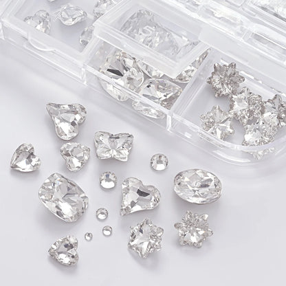 1Box 3D Clear Nail Art Rhinestones 12Shapes Mixed Oval,Butterfly,Heart,Flower,Round Diamond Nail Charms DIY Nail Art Decorati