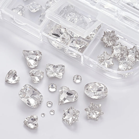1Box 3D Clear Nail Art Rhinestones 12Shapes Mixed Oval,Butterfly,Heart,Flower,Round Diamond Nail Charms DIY Nail Art Decorati
