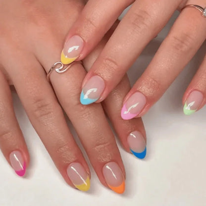 24Pcs Short Round Almond Lovely False Nails Full Cover Fresh Cartoon Fruit Pattern Designs Wearing Nails Art French Summer Na