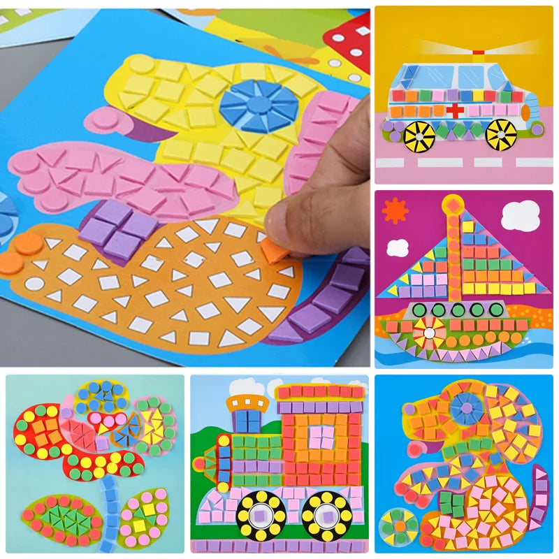 6/12pcs Mosaics Paintings DIY Foam Puzzles 3D EVA Sticker Airplane Car Spaceship Cat Dog Animal Cartoon Drawing Home Decor TM