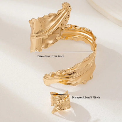 Vintage Fashion Pleated Leaf Bracelet Spiral Opening Adjustable Ring Set For Women Gold Color Bangle Party Holiday Jewelry