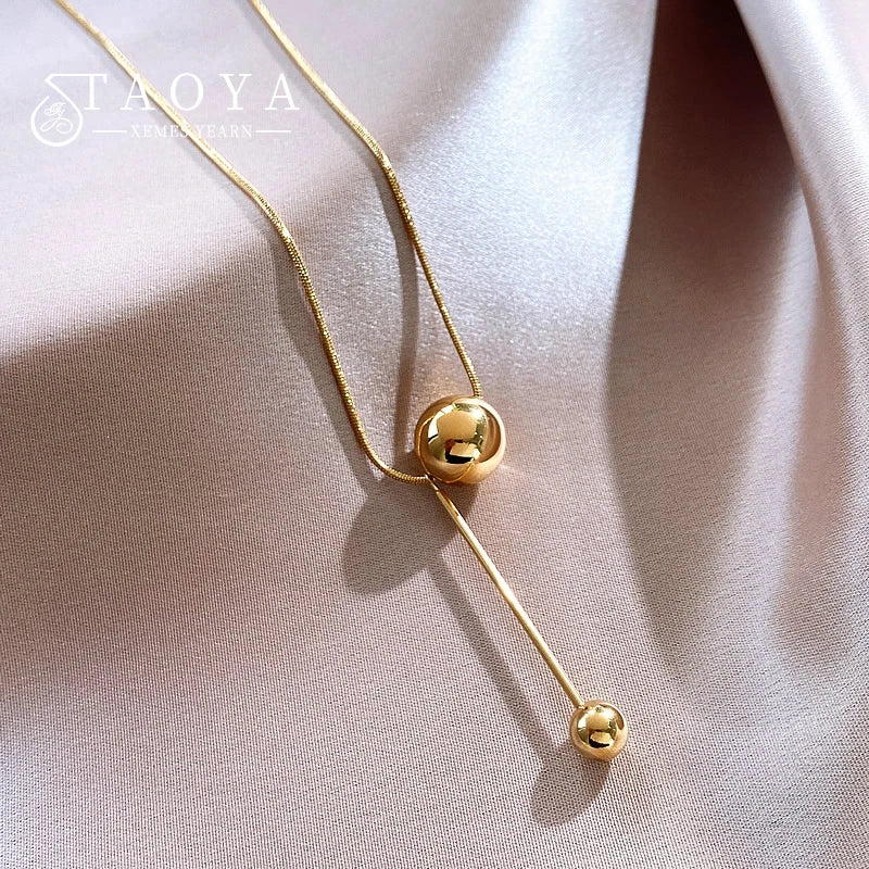 Stainless Steel Y‑Shape Lariat Necklace for Women Adjustable Ball Bead Snake Chain Gold Plated Tassel Neck Jewelry Daily Gift