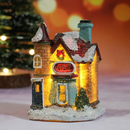 Christmas Decoration House LED Light Xmas Durable Ornaments Small Resin Mini House Miniature Village Building for Home Kids G