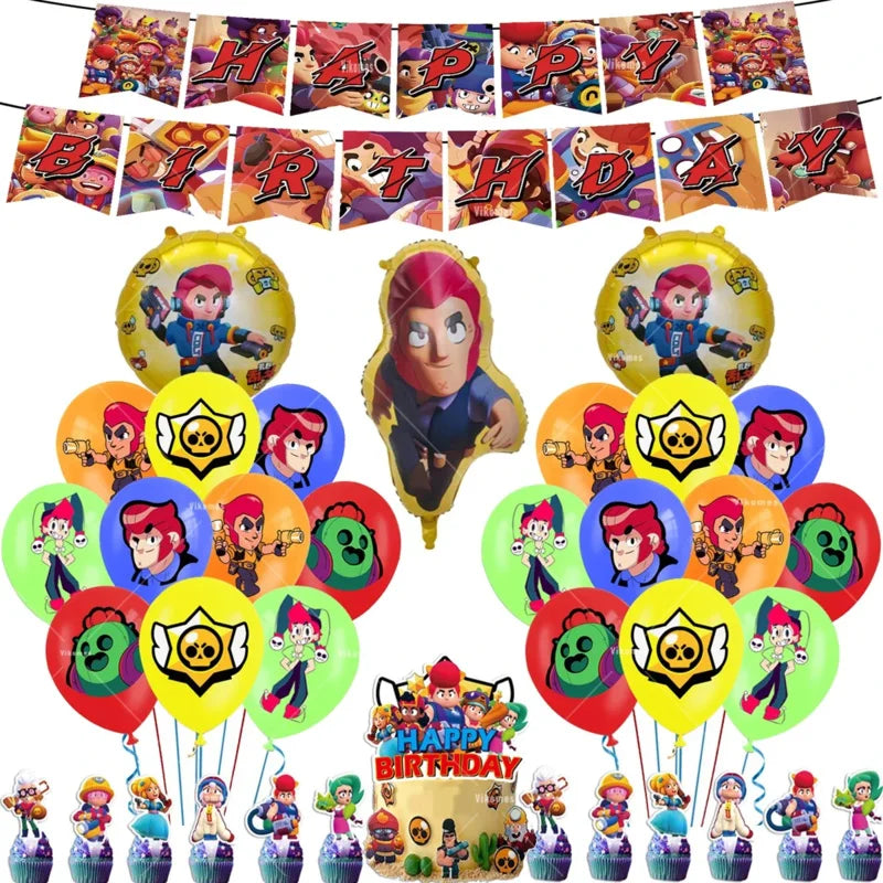 Battle Balloons Happy Birthday Banner Fight Game Party Decoration Brawled Background Cake Topper Disposable Tableware Keychai
