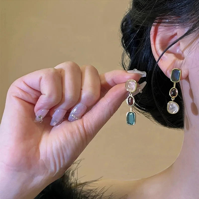 Asymmetric Colorful Resin Earrings for Women Retro Contrast Geometric Dangle Earrings Korean Jewelry