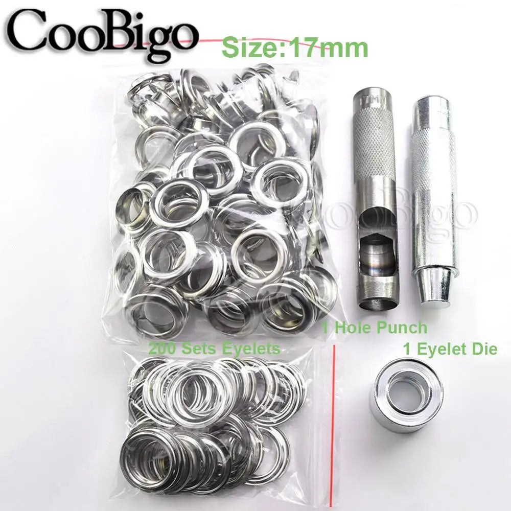 100sets Silver Metal Eyelets and Eyelet Punch Die Tool Set for Leathercraft Clothing Shoes Belt Bag Grommet Banner 2mm-17mm