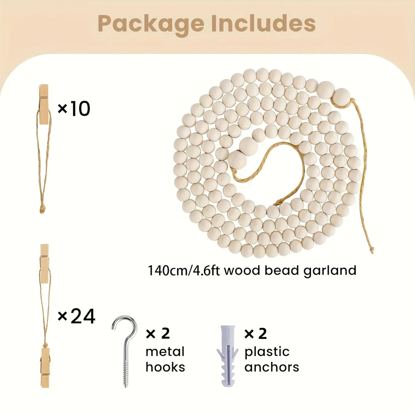 Hanging Photo Display Wooden Bead Garland Boho Wall Hanging for Bedroom Living Room Dorm Party Decor Teen Girl Gifts - 34 cli