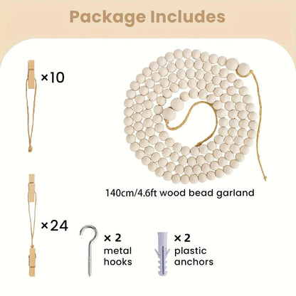 Hanging Photo Display Wooden Bead Garland Boho Wall Hanging for Bedroom Living Room Dorm Party Decor Teen Girl Gifts - 34 cli