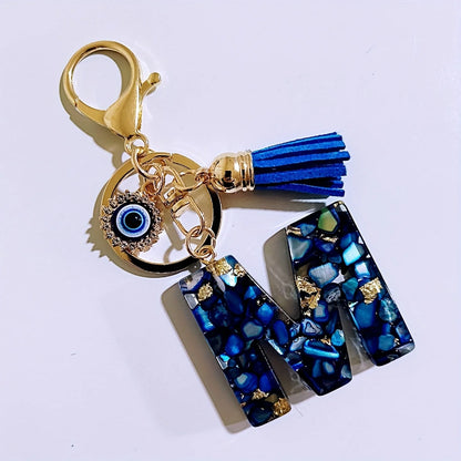 Blue Resin Initial Keychain - Evil Eye Letter Charm with Rhinestones & Tassel, Stylish Gift for Women, Lobster Clasp Accessor