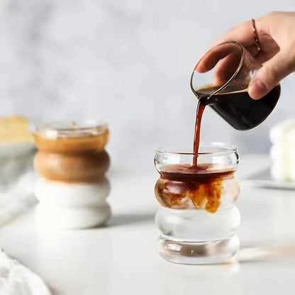 2 High Borosilicate Glass Coffee Cups 350ML/11.8oz with Straw and Brush, Vintage Ripple Design, Transparent Aesthetic Drinkwa
