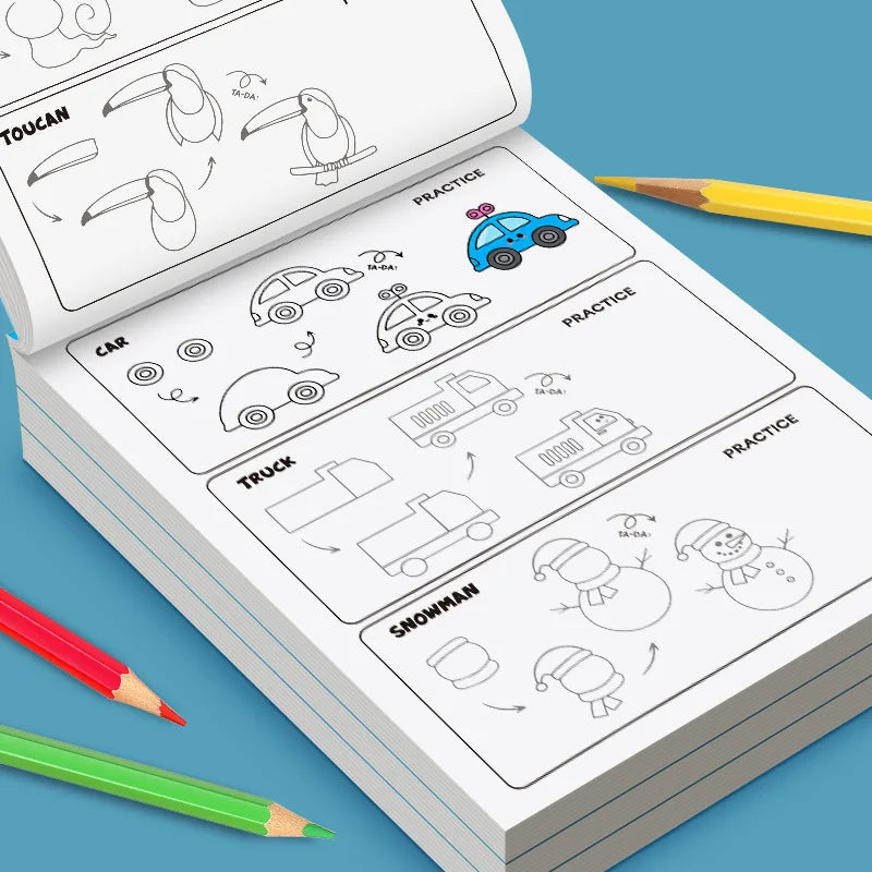 Fun Coloring Book, Children's Art Book: Simple 4-Step Drawing Guide, Interactive Drawing Activity Book for Kids 32 Pages