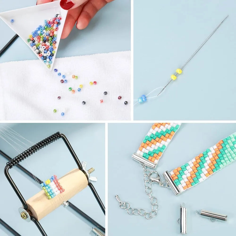 Weaving Beading Loom Easy-to-Use DIY Tool with Elastic Band Charm Czech Glass Beads Needle for Bracelet Necklace Jewelry Maki