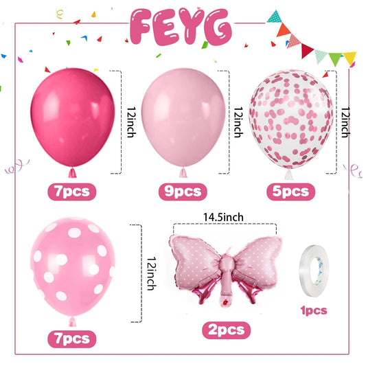 31Pcs/12inch Pink Bow Balloons,Hot Pink Rose Dots Bow Foil Balloon and Confetti Balloons with Ribbon, Girls Birthday Baby Sho