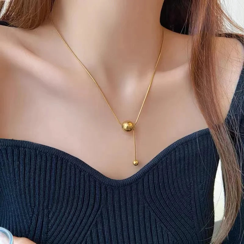 Stainless Steel Y‑Shape Lariat Necklace for Women Adjustable Ball Bead Snake Chain Gold Plated Tassel Neck Jewelry Daily Gift