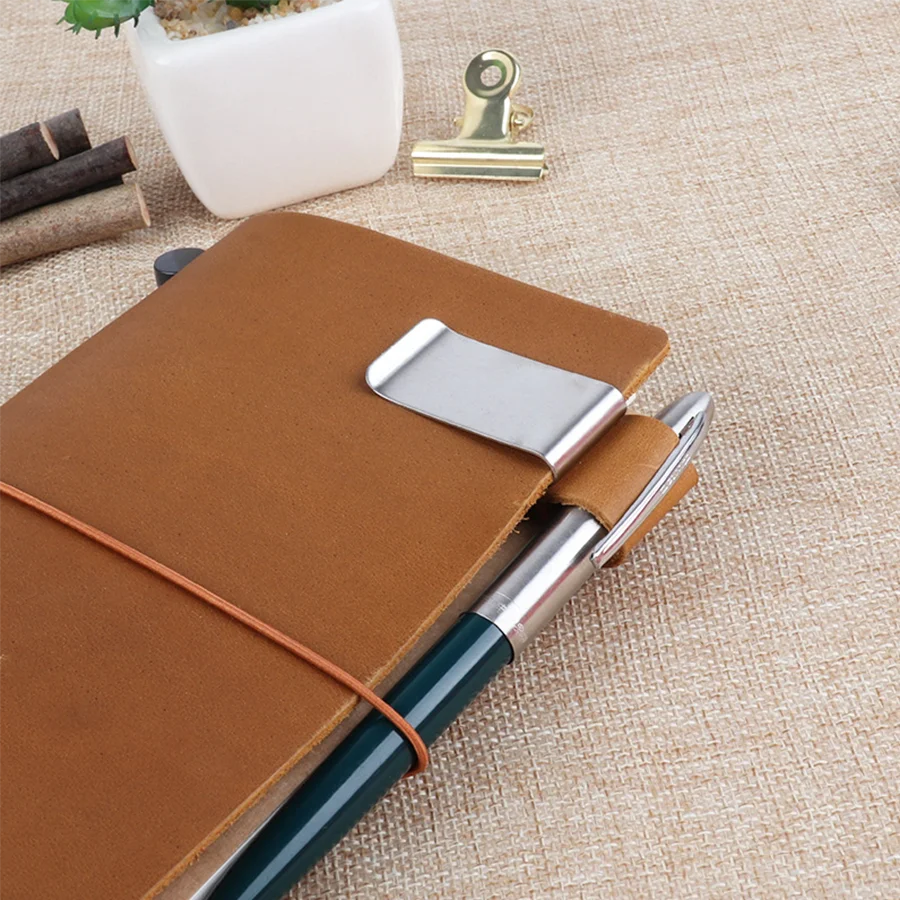 Handmade Leather Brass Stainless Steel Pen Holder Clip Journal Notebook Paper Folder Writing Office Supplies