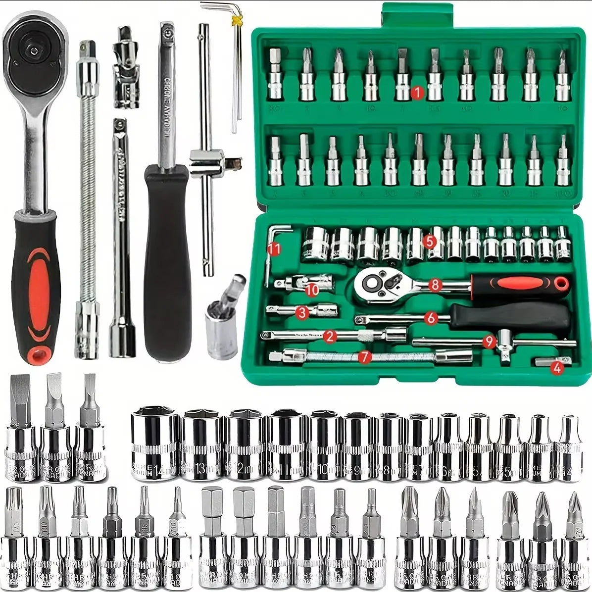 46pc Drive Socket Set 1/4 inch Ratchet Wrench Set Mechanic Tool Kits for Auto Repair Hous with Sockets Metric Hex Bit Socket 