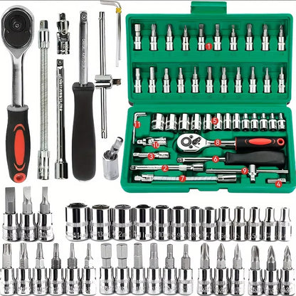 46pc Drive Socket Set 1/4 inch Ratchet Wrench Set Mechanic Tool Kits for Auto Repair Hous with Sockets Metric Hex Bit Socket 