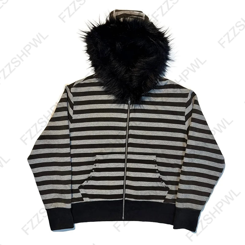 Goth Aesthetic Women Hoodie Harajuku Retro Y2K Emo Girl Fur Collar Cardigan Sweatshirt Rock Punk Hip Hop Casual Loose Streetw