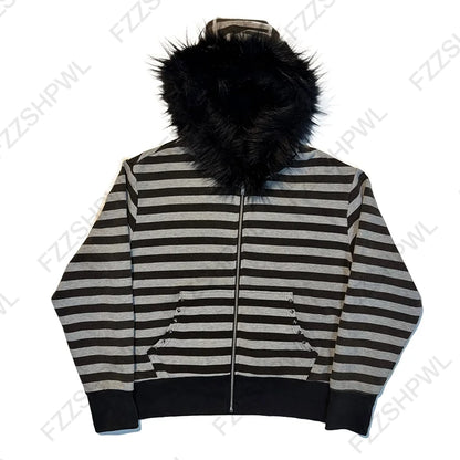 Goth Aesthetic Women Hoodie Harajuku Retro Y2K Emo Girl Fur Collar Cardigan Sweatshirt Rock Punk Hip Hop Casual Loose Streetw