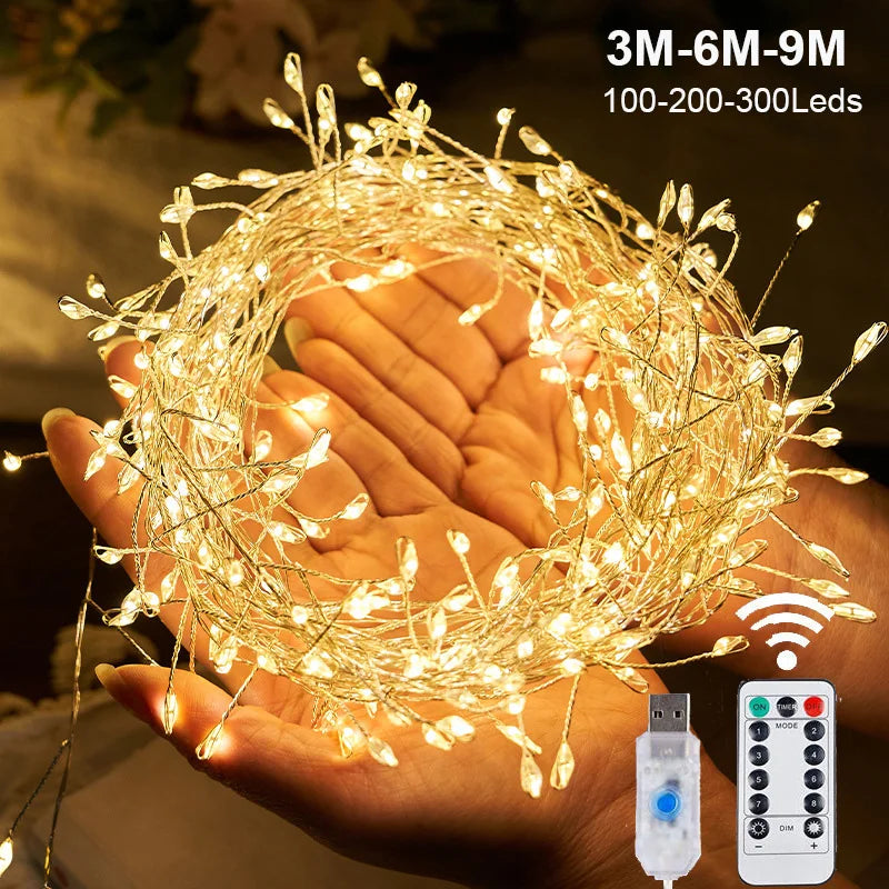 USB Power LED Firecracker String Lights Remote Control Garland Fairy Lights for Wedding Party Garden Plants Christmas Decorat