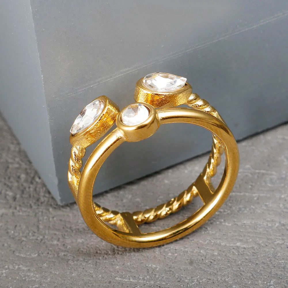 Crystal High End Non Tarnish Fashion Geometric Open Gold Plated Stainless Steel Rings for Women Wedding Ring Jewelry